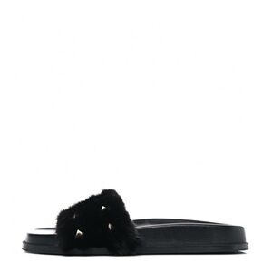 Valentino Garavani Rockstud Black Mink Fur Slip On Slides Sandals Size 39